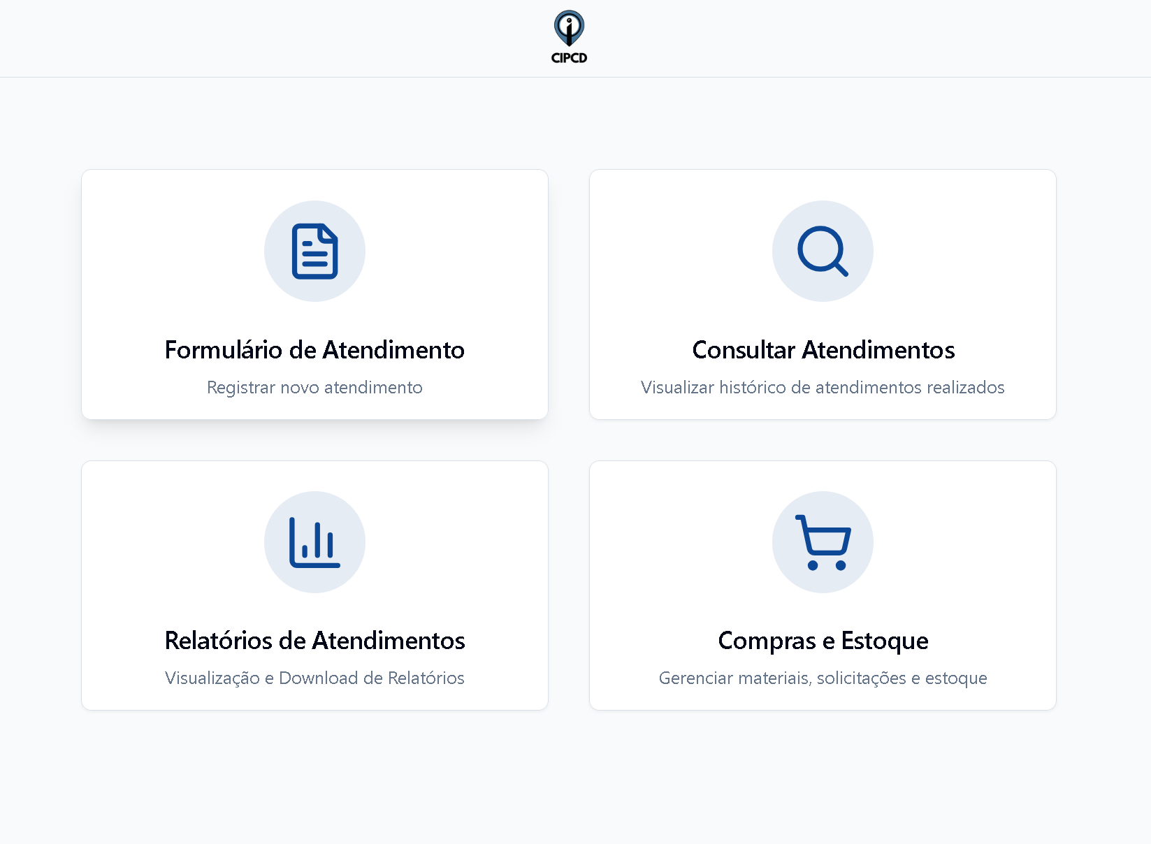Tela inicial do sistema do CIPCD, com os atalhos para formulário de atendimento, consulta, relatórios e compras e estoque.
